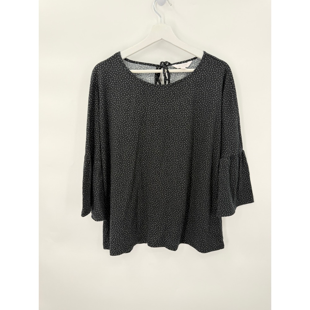 LC Lauren Conrad Top Womens XL Black Polka Dot Bell Sleeve Tie Back Blouse